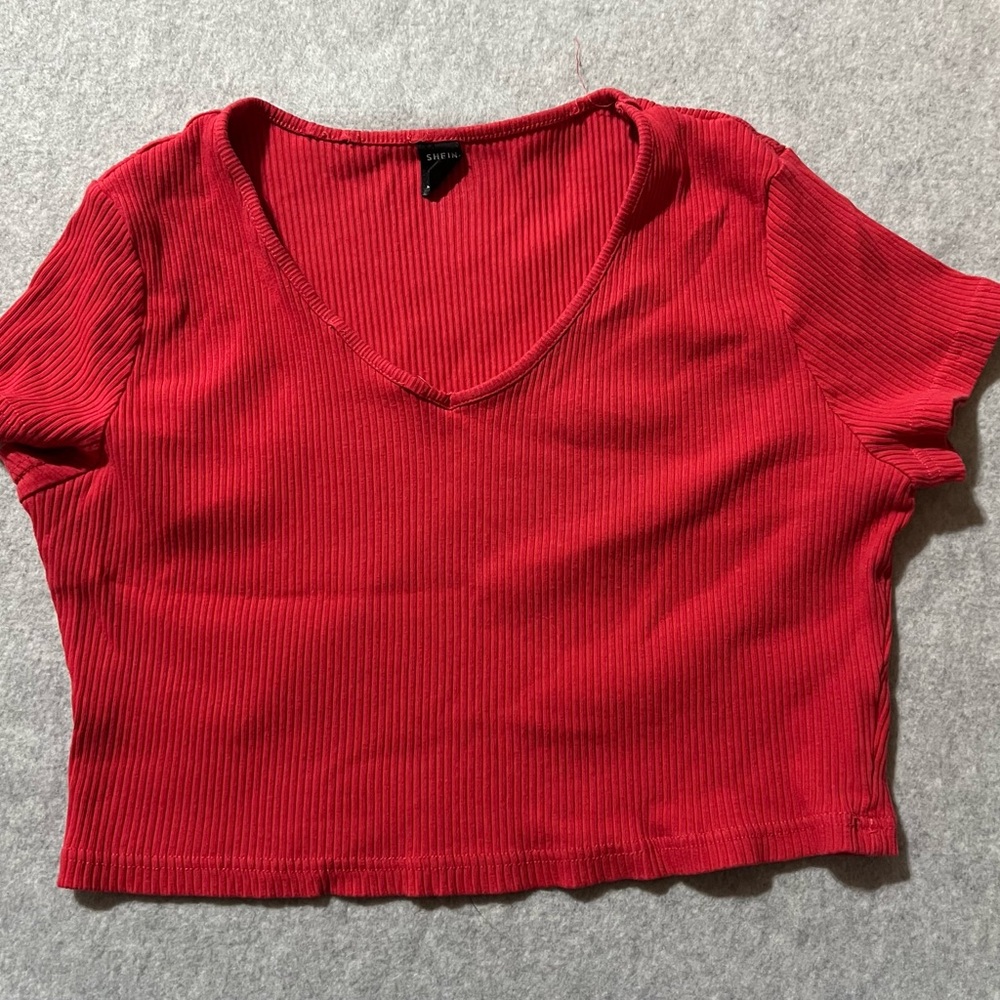 SHEIN Orange Ribbed V-Neck Crop Top